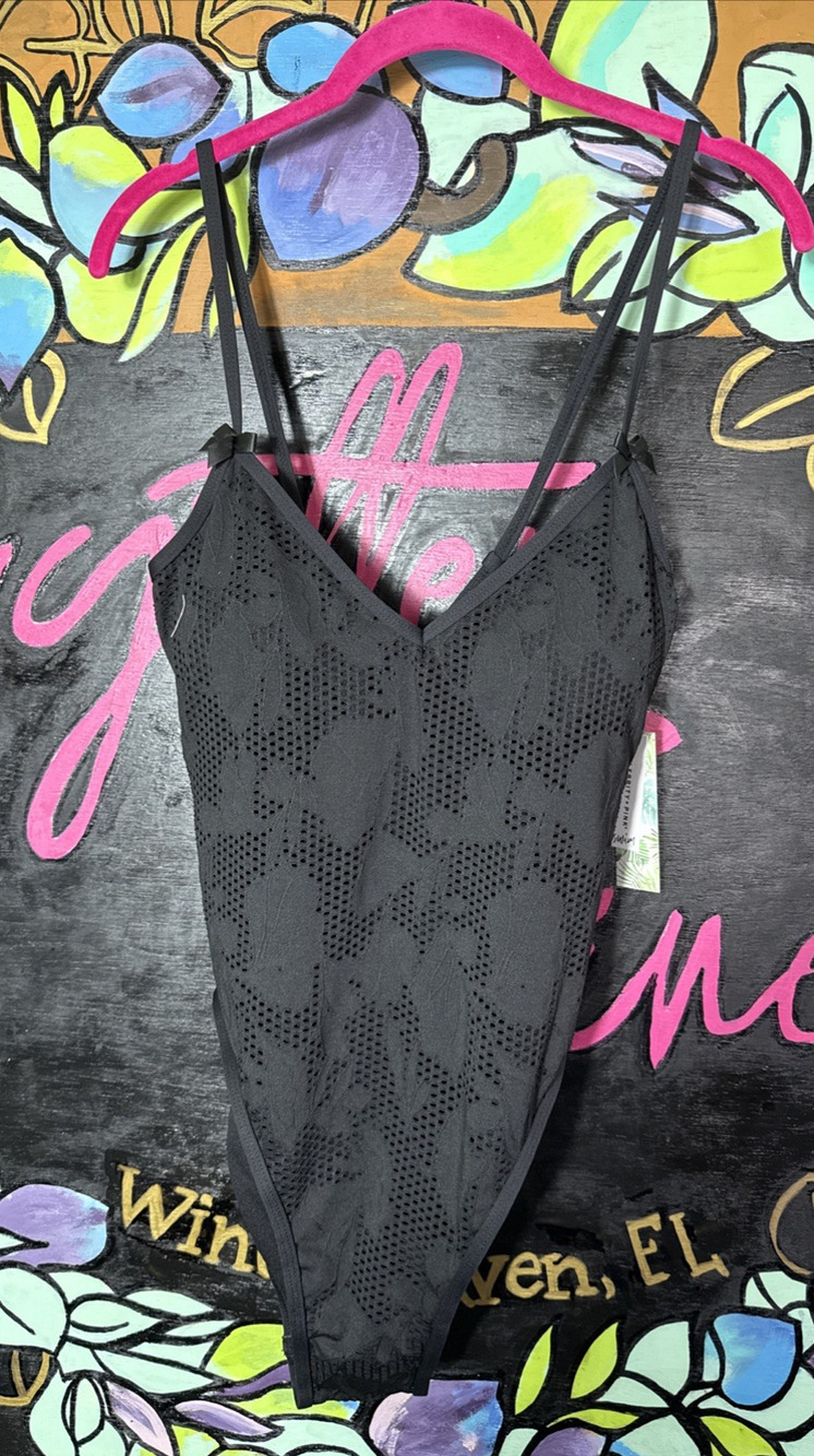 Celebrity Pink Flower Mesh One Piece Swimsuit, Large, Black